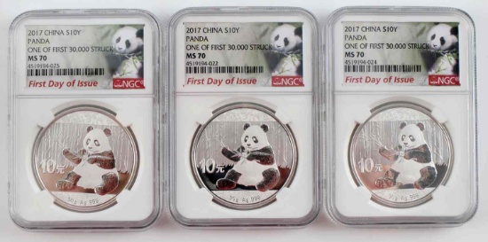 3 1917 CHINA 10 YUAN NGC MS70 1ST DAY ISSUE SILVER