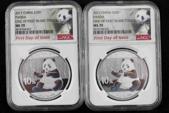 2 2017 CHINA 10 YEN  SILVER PANDA NGC MS70