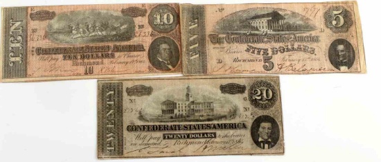 CONFEDERATE STATES BANKNOTE LOT 5 10 20 1864