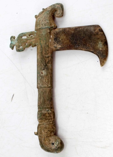 DECORATIVE CHINESE BRONZE AND CARVED STONE AXE
