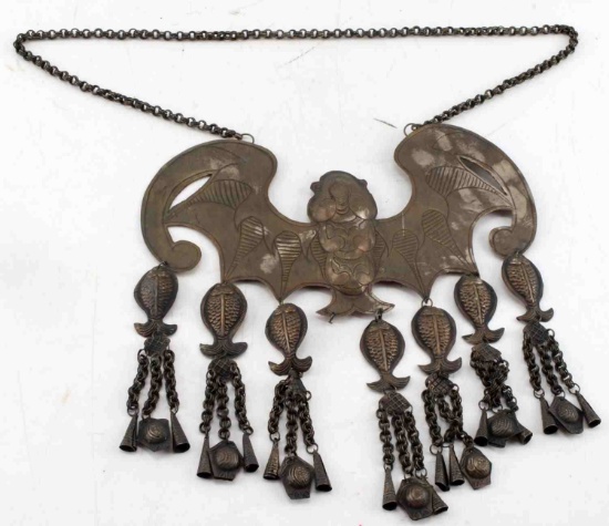 LARGE BRONZE AMPORPHIC BAT AND FISH MOTIF GORGET