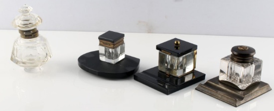 LOT OF 4 VINTAGE GLASS ONYX AND METAL INKWELLS