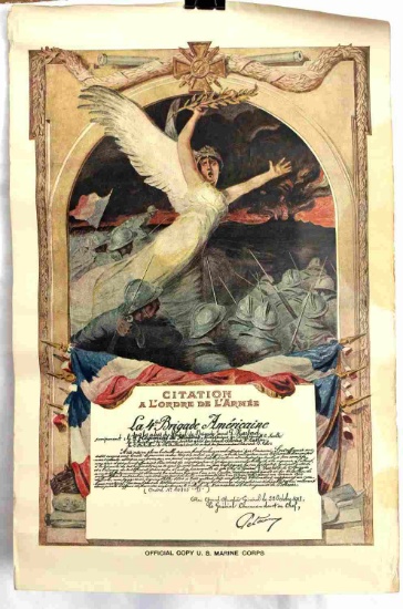 WWI FRENCH CITATION TO MARINE CORPS 4TH BRIGADE