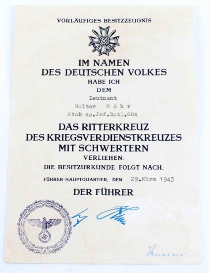 WWII THIRD REICH GERMAN KNIGHTS CROSS DOCUMENT