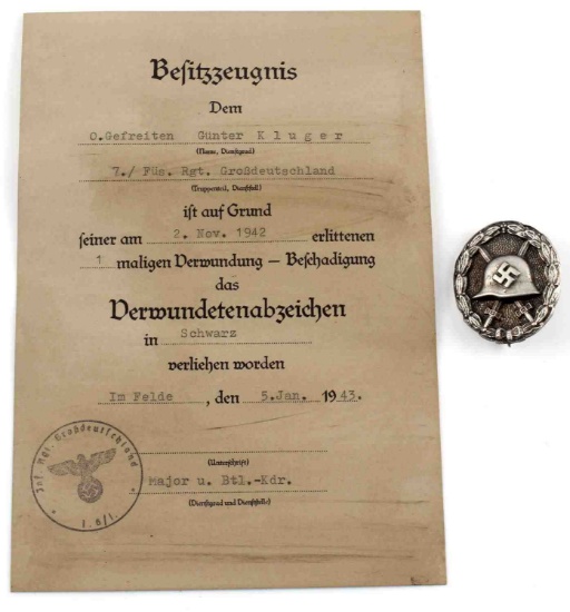 WWII GERMAN THIRD REICH WOUND BADGE WITH DOCUMENT