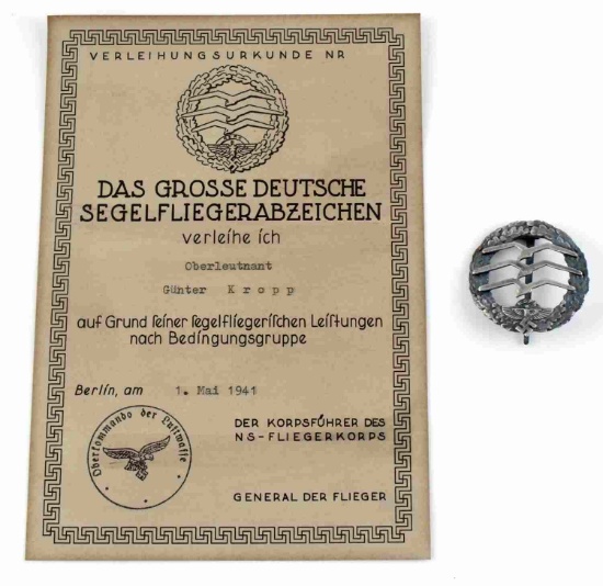 WWII GERMAN NSFK GLIDER PILOT BADGE WITH DOCUMENT
