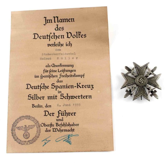 WWII GERMAN SILVER SPANISH CROSS WITH DOCUMENT