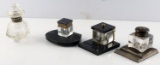 LOT OF 4 VINTAGE GLASS ONYX AND METAL INKWELLS