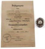 WWII GERMAN THIRD REICH WOUND BADGE WITH DOCUMENT