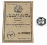 WWII GERMAN NSFK GLIDER PILOT BADGE WITH DOCUMENT