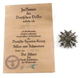 WWII GERMAN SILVER SPANISH CROSS WITH DOCUMENT