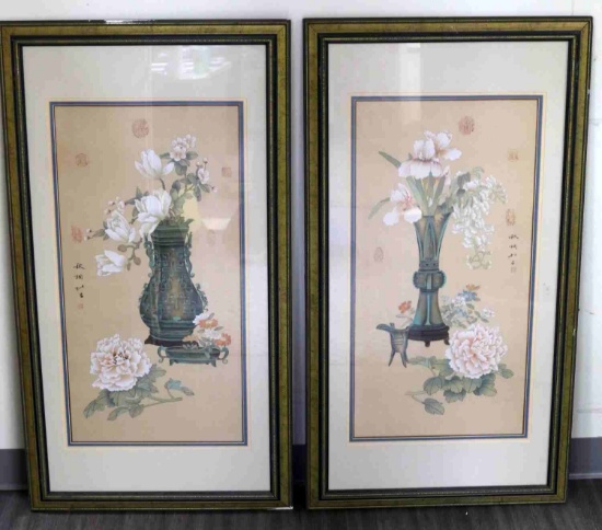 PAIR OF FRAMED CHINESE FLORAL SILK PAINTINGS