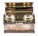 SILVER PLATED INKWELL CONTAINER W CRYSTAL INKWELLS