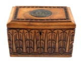 HAND CARVED TRINKET BOX W SILVER PLATE MEDALLION