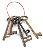 LOT OF 5 ANTIQUE STYLE BRASS JAILERS KEYS ON RING