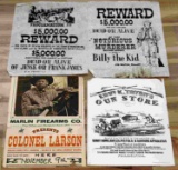 LOT OF 4 OLD WESTERN STYLE GUN AND WANTED POSTERS