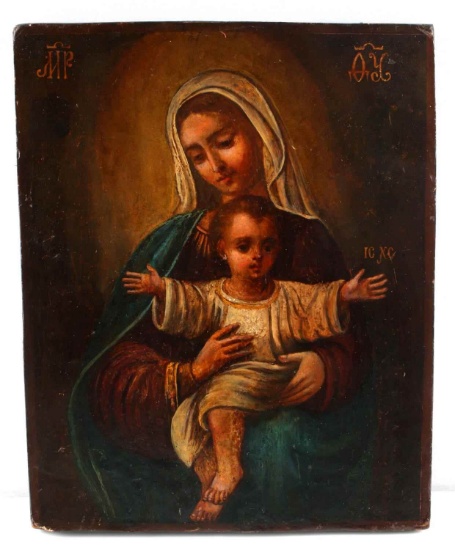 19C. RUSSIAN ICON OF MOTHER OF GOD HANDPAINTED