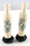 PAIR OF ANTIQUE IVORY DRAGON SCRIMSHAW BUD VASE