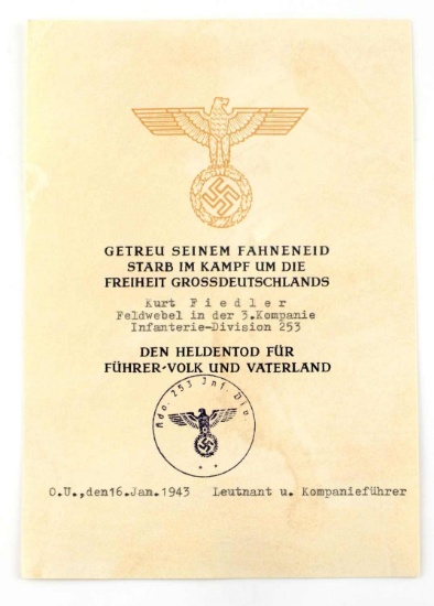 WWII THIRD REICH DEATHER FOR FATHERLAND DOCUMENT
