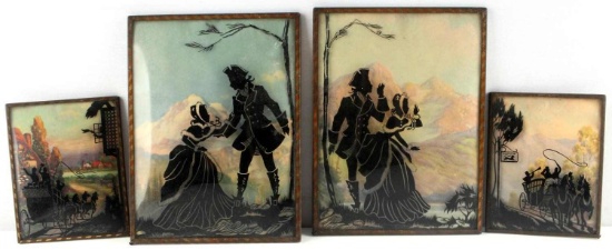 LOT OF 4 REVERSE SILHOUETTE PAINTINGS ON CONVEX