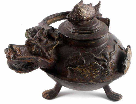 DRAGON KOI CENSOR TEAPOT ANTIQUE CHINESE BRONZE