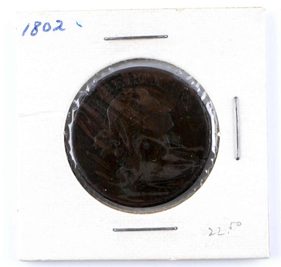 1802 DRAPED BUST 1C LARGE CENT COIN NO STEMS VG