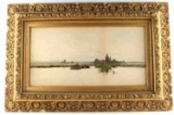 19TH CENTURY WATERCOLOR DUCK & FISHING LAKE SCENE