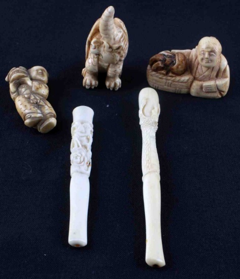 ANTIQUE ASIAN CARVED IVORY CHEROOT AND NETSUKES