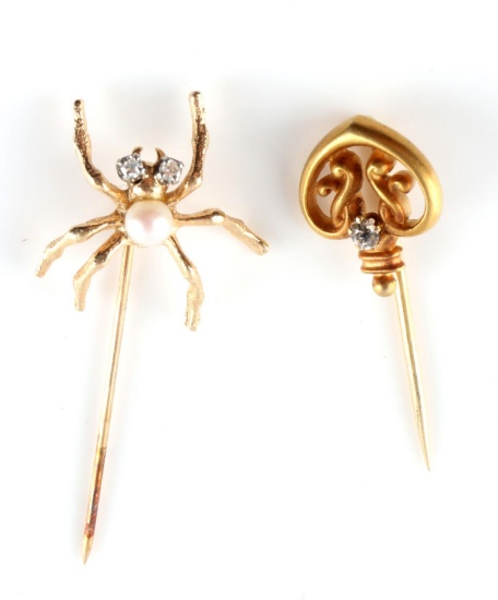 TWO 14K GOLD SPIDER AND HEART W DIAMOND LAPEL PIN