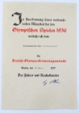 GERMAN 1936 OLYMPIC PARTICIPATION MEDAL & DOCUMENT