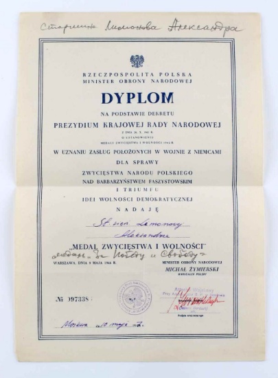 POLISH 1947 AWARD DIPLOMA ISSUED TO RED ARMY WOMAN