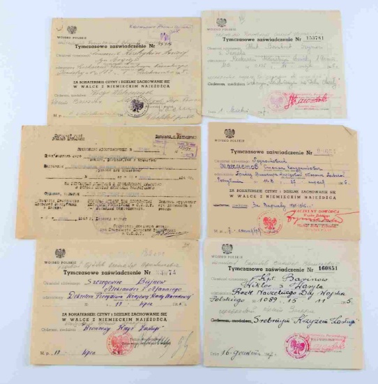 6 POLISH WWII AWARD CERTIFICATES VARIOUS RED ARMY