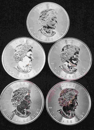 5 2021 CANADIAN MAPLE LEAF .999 SILVER COIN LOT