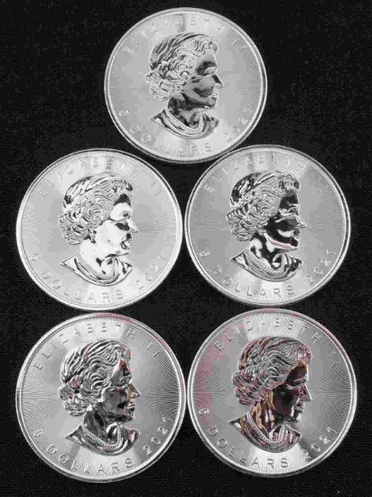 5 2021 CANADIAN MAPLE LEAF .999 SILVER COIN LOT