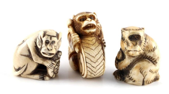 3 JAPANESE NETSUKE ANTIQUE IVORY MONKEY FIGURES