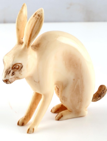 ANTIQUE SCULPTED IVORY RABBIT OKIMONO FIGURE