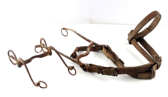 US INDIAN WARS METAL HORSE BIT AND LEATHER BRIDLE