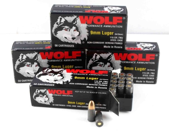 200 ROUNDS DS WOLF 9MM LUGER AMMO IN BOXES RUSSIAN