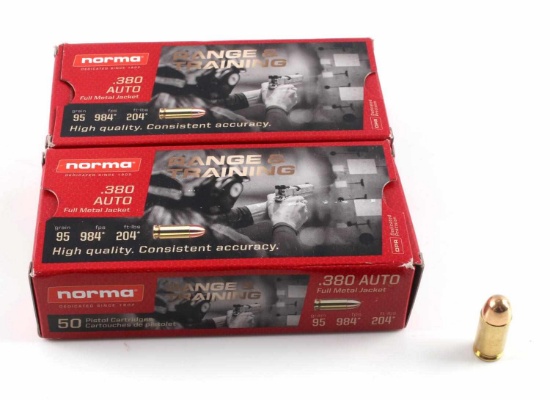 100 ROUNDS OF 380 AUTO FMJ NORMA  AMMUNITION