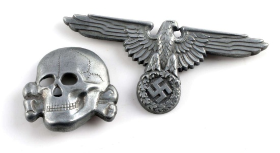 WWII GERMAN REICH SS HAT EAGLE & TOTENKOPF PINS