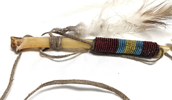 PLAINS INDIAN BEADED BONE WHISTLE 8 1/2 INCHES