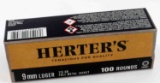 HERTERS 100 ROUNDS 9MM LUGER 115 FMJ AMMO
