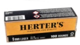HERTERS 100 ROUNDS 9MM LUGER 115 FMJ AMMO