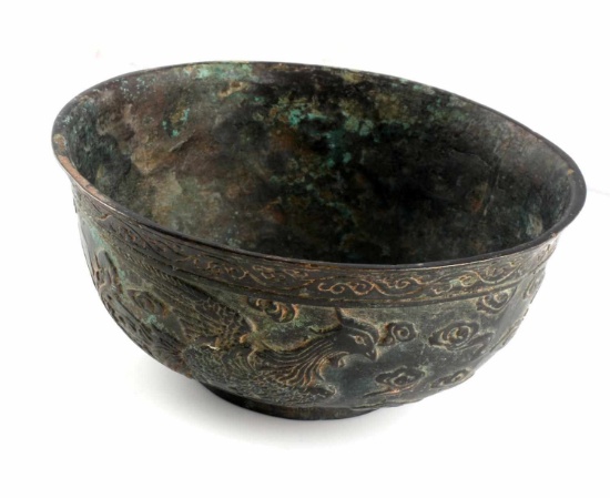 QIANLONG PERIOD CHINESE BRONZE BOWL W PHOENIX