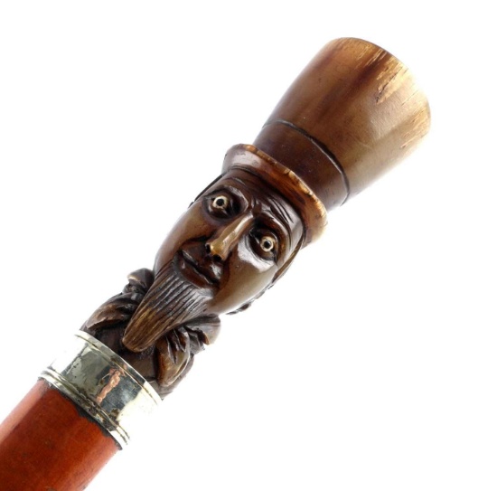 CARVED HORN WALKING STICK CANE W MALE FIGURAL