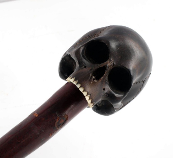 EBONY & CHERRY WOOD SKULL WALKING STICK CANE