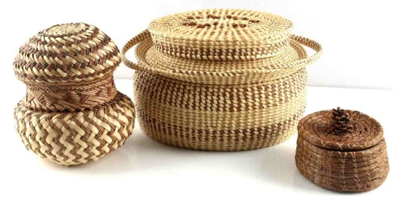 NATIVE AMERICAN COIL & PINE NEEDLE BASKET LOT OF 4