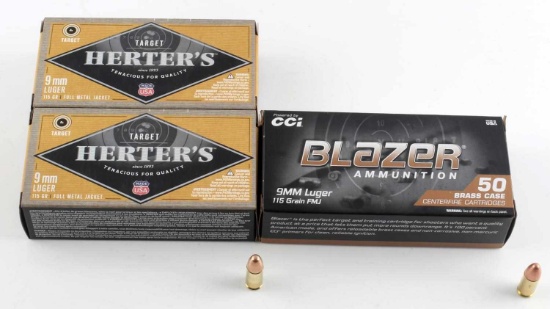 150 RDS OF 9 MM LUGER NEW AMMO HERTERS BLAZER