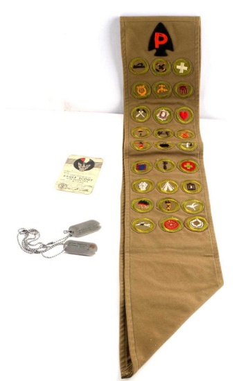 1943 EAGLE SCOUT MERIT BADGE SASH W DOG TAGS