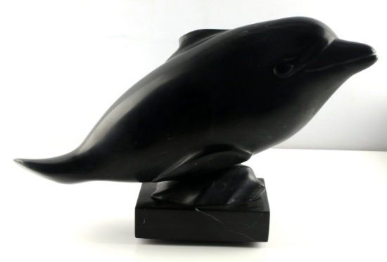 BLACK SOAPSTONE DOLPHIN SCULPTURE BY RALPH HURST